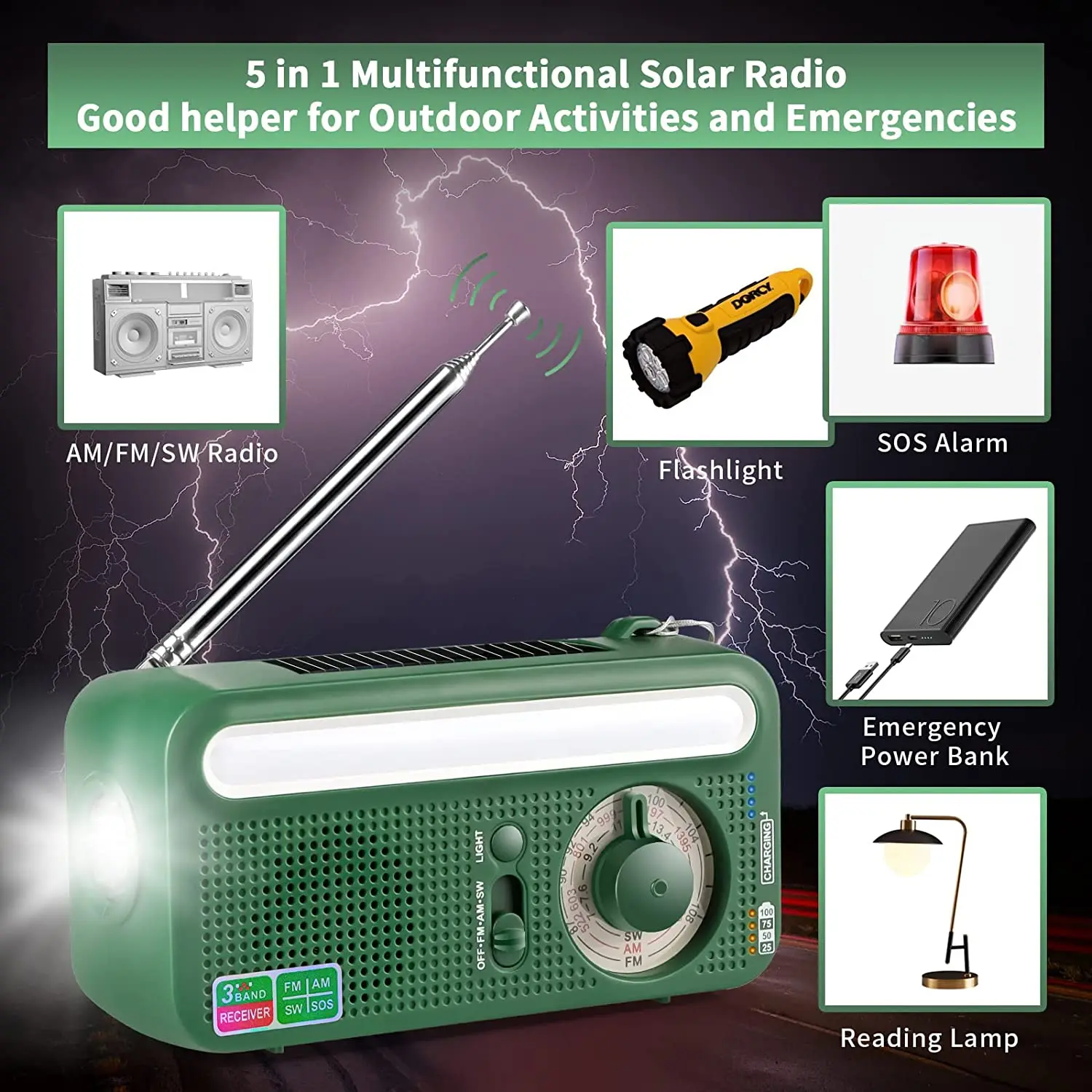 

Solar Power Emergency Hand Crank Rechargeable FM/AM/SW Radio SOS Alarm With 2000mAh Power Bank Flashlight Reading Lamp