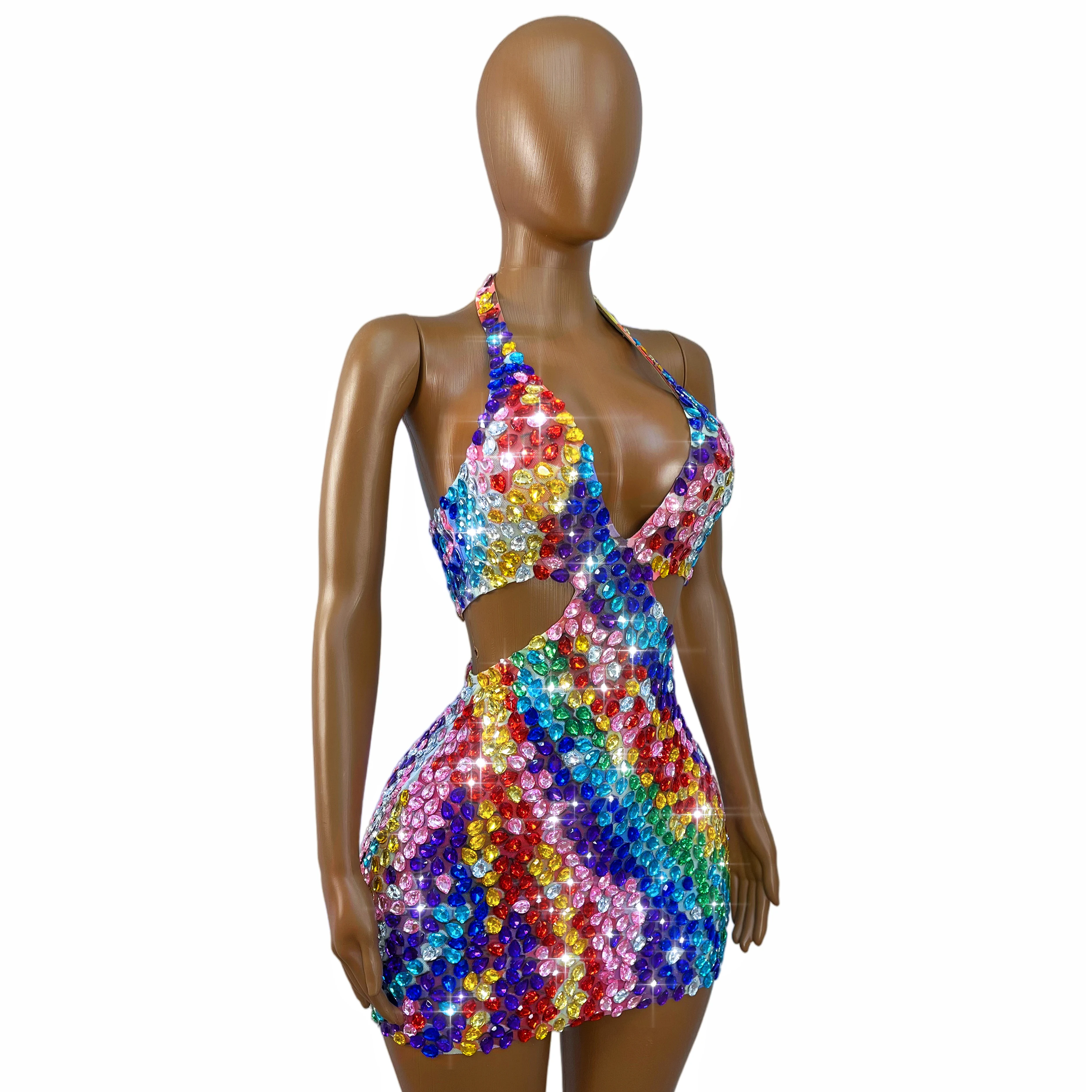Women Evening Party Exquisite Gown Red Carpet Show Stage Outfit Fashion Sparkly Colorful Rhinestones Halterneck Sexy Mesh Dress view 6