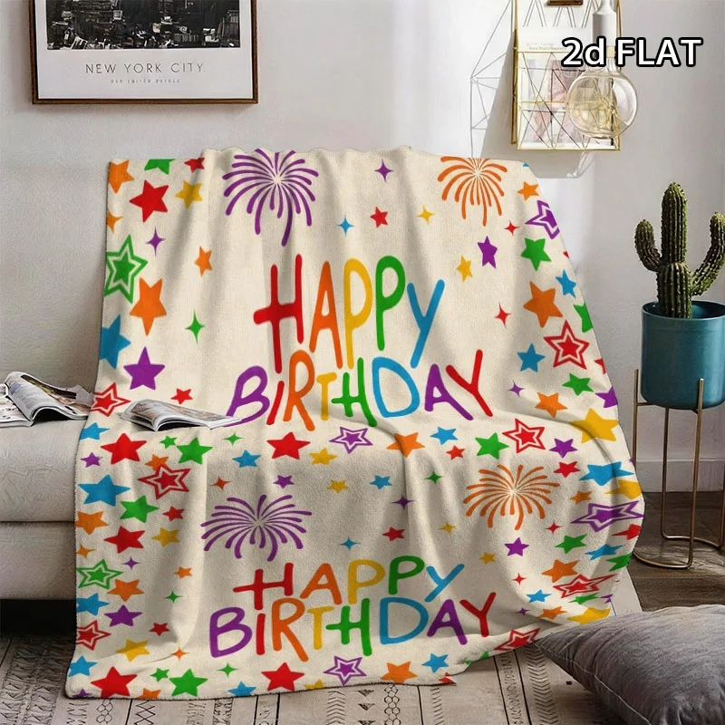 Colorful Happy Birthday Flannel Throw Blanket, Star Firework Print Soft Warm Blanket for Sofa Bed Home Decor Gift Ideas Now