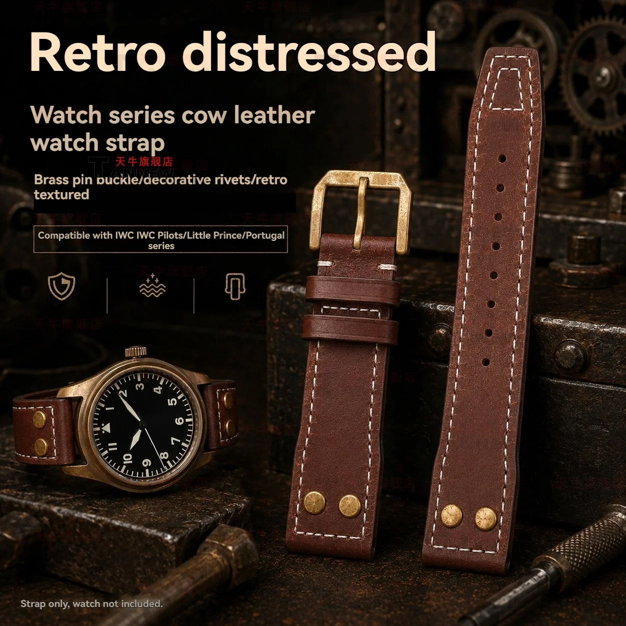 20 21 22mm Vintage Rivet Leather Watch Strap Compatible with IWC Pilot Le Petit Prince Replacement Cowhide Band