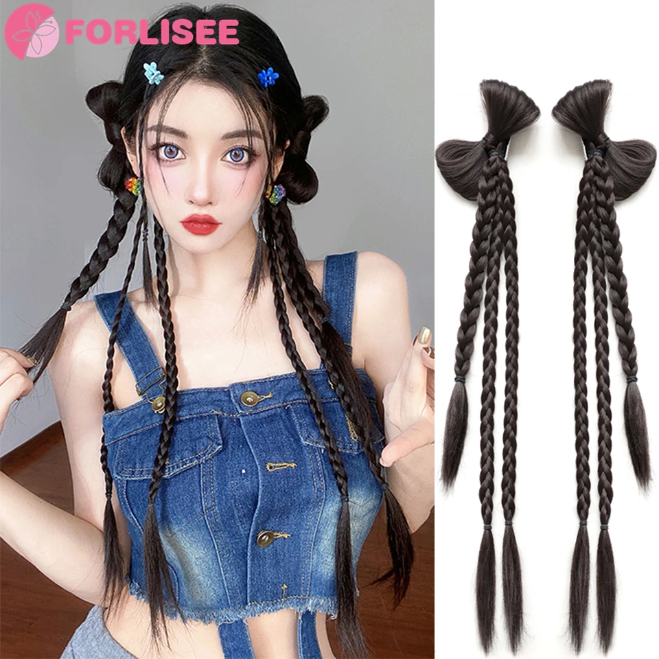 FORLISEE Synthetic Wig Ponytail Female Y2K New Chinese Style Millennium Hot Girl Bow Boxing Double Ponytail Twist Braid Wig