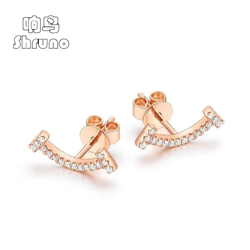 Shruno Real 18k Rose Gold Au750 Smiling Moissanite Diamond Stud Earrings Set Simple Curved Smiling Earrings Women Trendy Jewelry