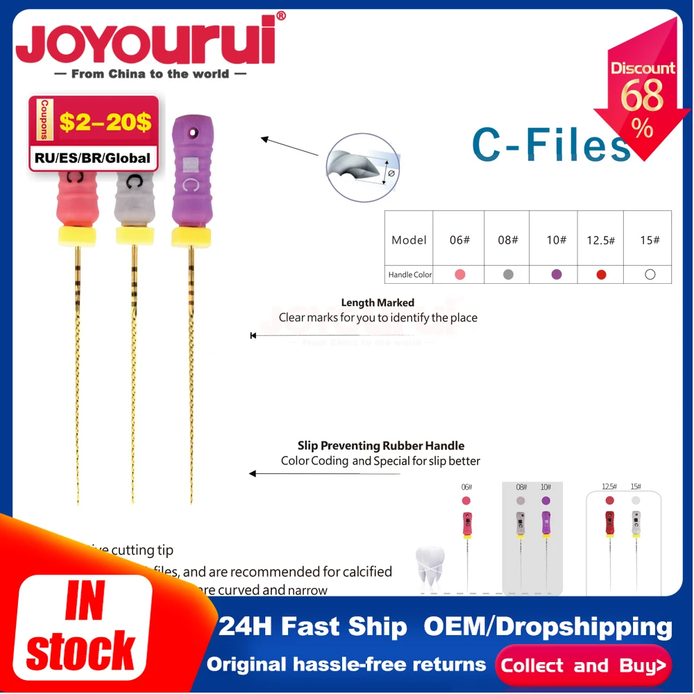 

6PCS/Box Dental C File Endodontic Endo Root Canal Unclogging Files #6 #8 #10 25mm Hand Use Dentistry Stainless Steel Dentists