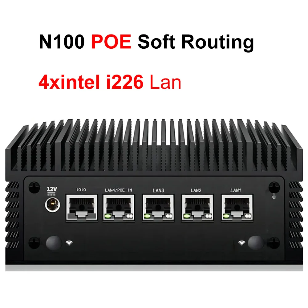 كمبيوتر صغير بدون مروحة صناعي ، Intel N100 POE ، توجيه ناعم ، 4X intel i226 Lan ، Windows 11 Pro pfSense Firewall ، HD2.0 DP1.4