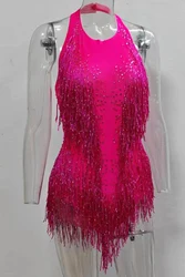 Rose Red Sparkly Crystals Fringes Bodysuit Sexy Tassel Jazz Dance Costume One-piece Stage Wear Dancer Performance Show Clothing