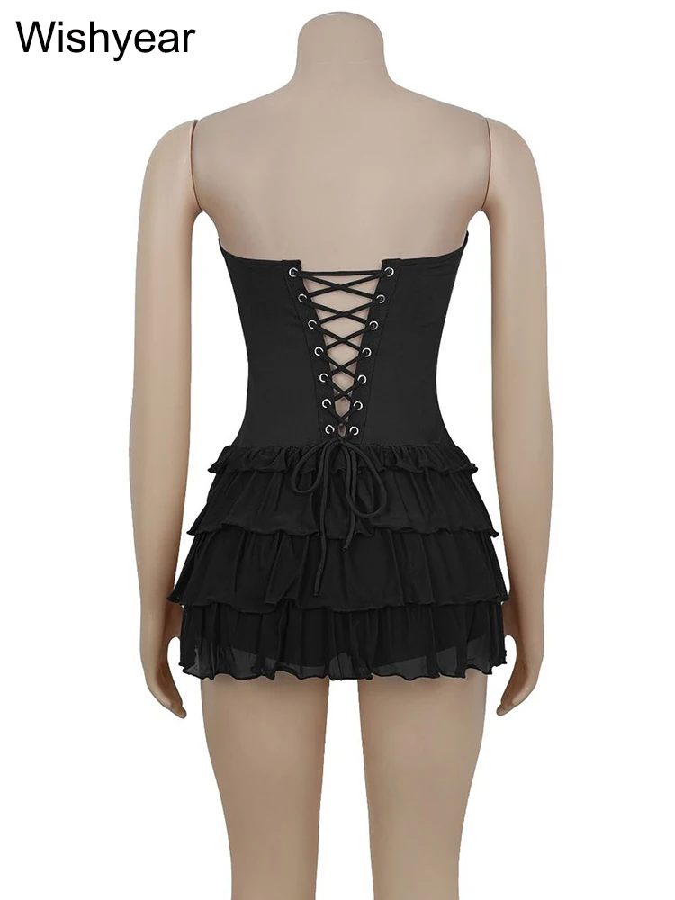 Wishyear vestido plissado sem alças para mulheres sexy sem mangas em camadas babados linha a mini vestidos elegantes noite de aniversário clubwear