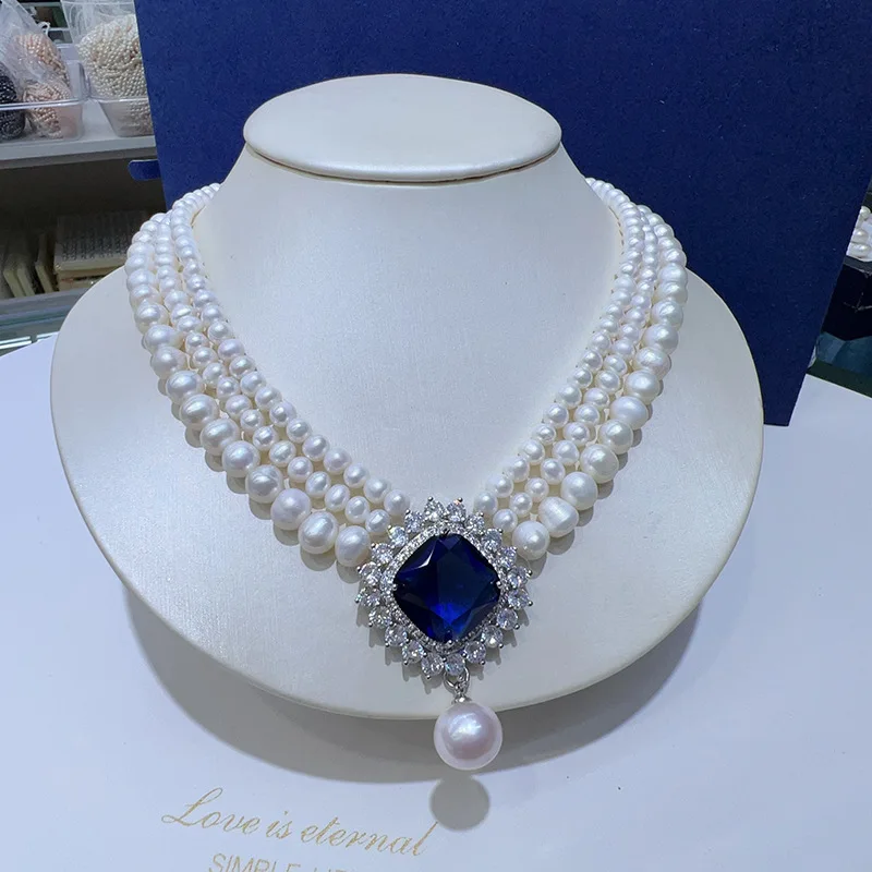

Luxurious Sapphire Blue Stone Accessory Pearl Necklace Multi-layer Noble Temperament Necklace Noble Luxury