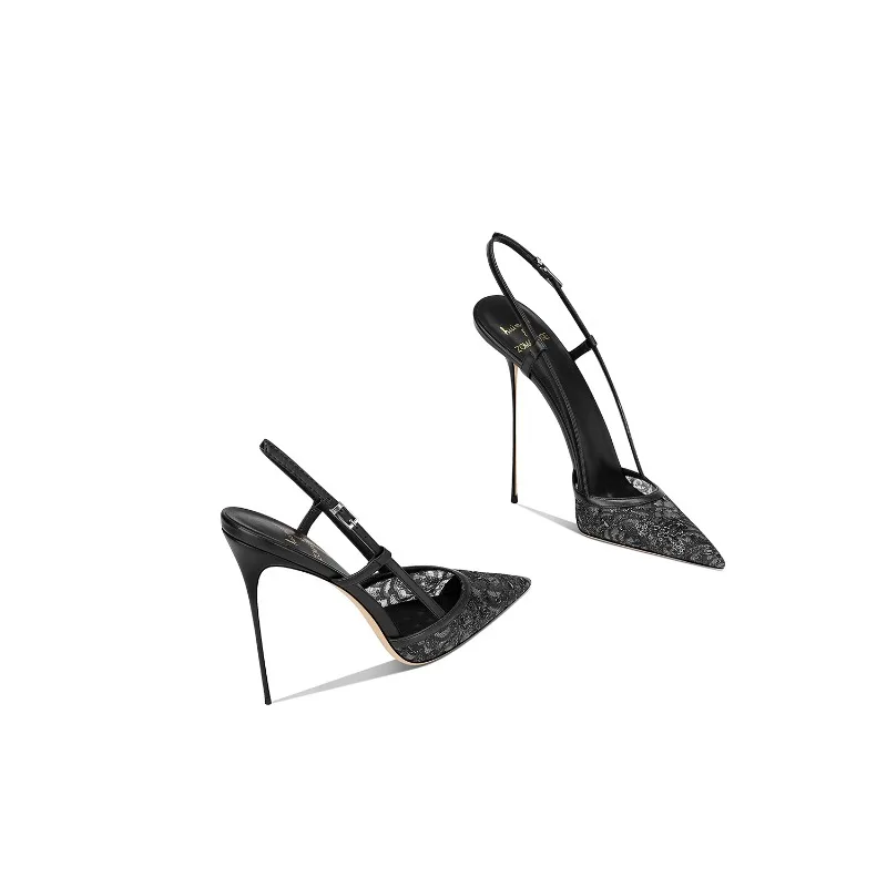 

Black Fabric French Lady Elegant Stiletto Pointed Toe High Heel Sandals Women 2025 Summer New Women's Shoes