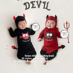 2023 Autumn Korean Ins Baby Boy Rompers Cotton Long Sleeve Little Devil Print Halloween Newborn Boys Bodysuit Infant Boy Outfits