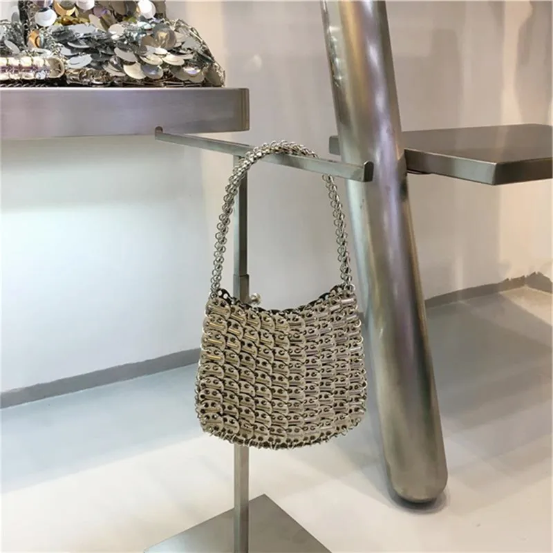 Women\'s Bag Designer Handbag Handmade Metal Silver Sequin Woven Hollow Tote Bag Evening Bag Clutch Travel Holiday Female Bag