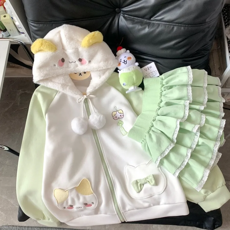 الأصلي اليابانية لينة الفتيات القط طباعة هوديي ربيع الخريف طالب Y2K فضفاض سليم Kawaii هوديي سستة سترة سترة تنورة