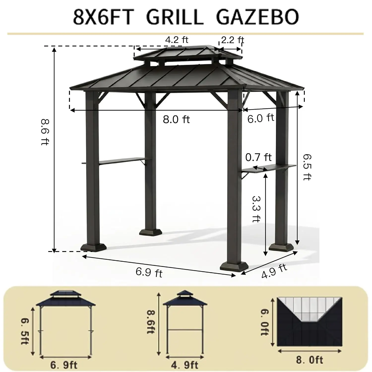 Grill Gazebo,Outdoor Hardtop Gazebo with Galvanized Steel Double Roof BBQ Grill Canopy with Aluminum Frame, 2 Side, Customized