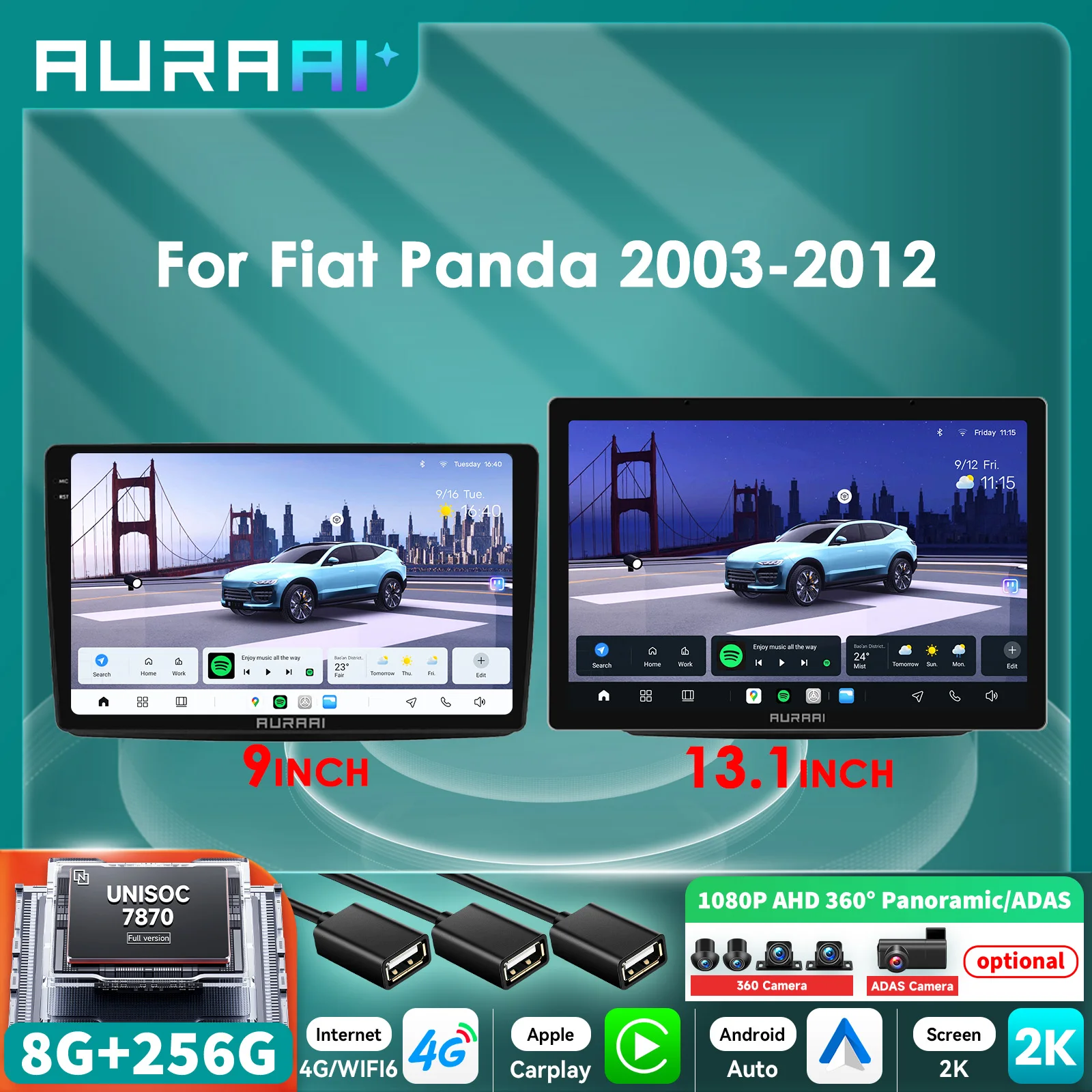 AURAAI 9/13.1 ''Android Autoradio Autoradio Per Fiat Panda 2003-2012 7870 AI Carplay lettore multimediale 2K Schermo ADAS 360 Macchina Fotografica