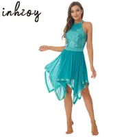 Vestido de baile de Ballet con lentejuelas brillantes para mujer, leotardo de gimnasia con espalda descubierta y cuello Halter, puesta en escena, trajes de baile lírico de salón