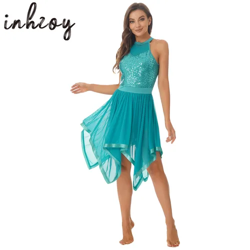 Vestido de baile de Ballet con lentejuelas brillantes para mujer, leotardo de gimnasia con espalda descubierta y cuello Halter, puesta en escena, trajes de baile lírico de salón