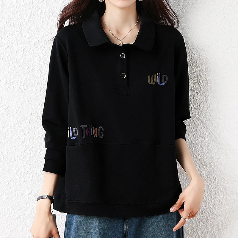 بلوزات نسائية شتوية مطرزة بحروف بلوفرات شتوية فضفاضة غير رسمية بأكمام طويلة وياقة مقلوبة وجيب علوي