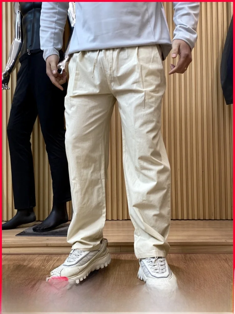 

100% хлопковые удобные дышащие мужские модные повседневные брюки свободного прямого кроя на весну-лето с эластичным поясом