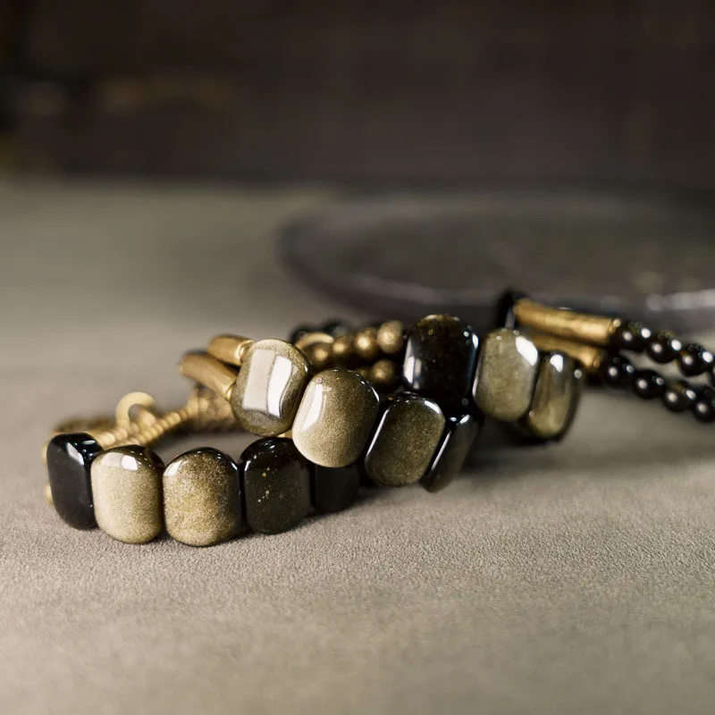 Natrual Golden Obsidian Stone Brass Bracelet Metal Two Row Beaded Small Beads Romantic Peace Unisex Punk Street Black Jewelry