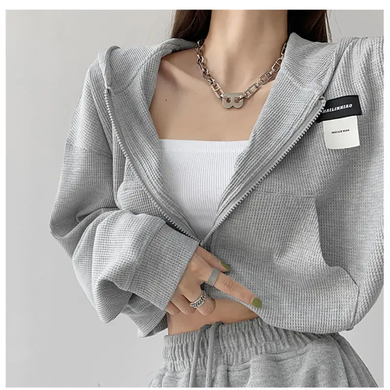 Deeptown Harajuku Frauen Sweatshirts koreanische Mode Sport bekleidung weibliche Reiß verschluss Hoodies Vintage Streetwear Basic Casual Cropped Top