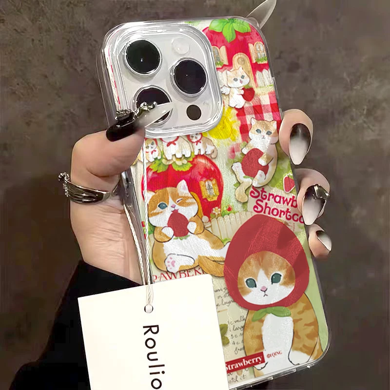 Cute Red Hat Cat Strawberry Phone Case for Samsung Galaxy S25 S24 Ultra S23 FE S22 Plus A55 A54 A15 A35 A34 A05S A05 5G Cover - náhled 2