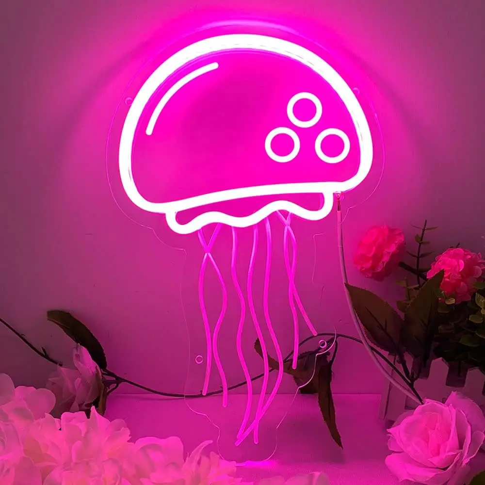 Jellyfish Neon Sign LED Wall Art USB Powered Acrylic Pink Glow Ocean Theme Bedroom Kids Room Beach Party Aesthetic Decor