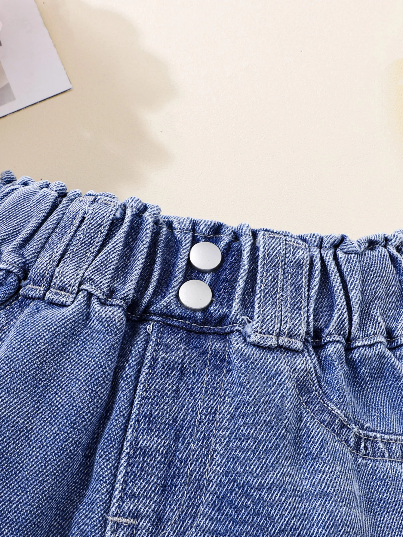 Denim pants for girls baby four seasons decorative white buckle spray cat whiskers elastic waist back pocket rolled denim blue