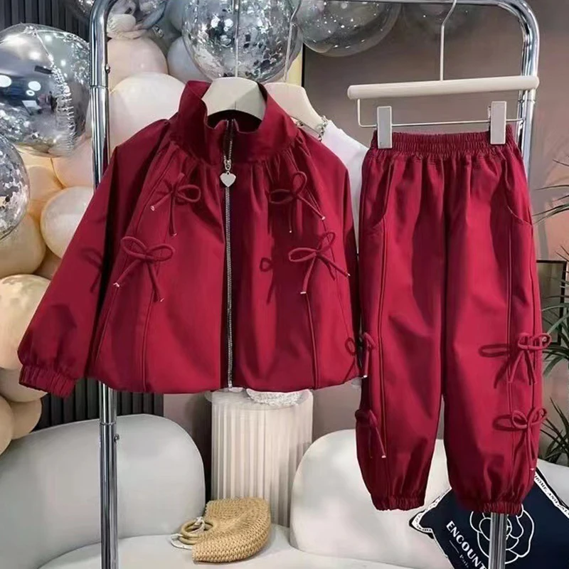 2025 herbst Frühling Neue Mädchen Kleidung Set Einfarbig Süße Bogen Mantel + Hosen 2 Stücke Anzug Für 5-14 Jahre Teen Kinder Mode Outfit