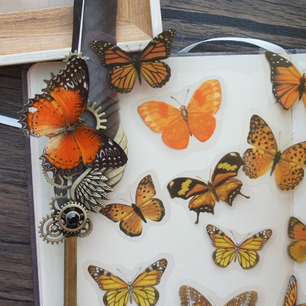 38pcs Amber Color Deep Yellow Forest Butterfly Style PVC Sticker Scrapbooking DIY Gift Packing Label Decoration Tag