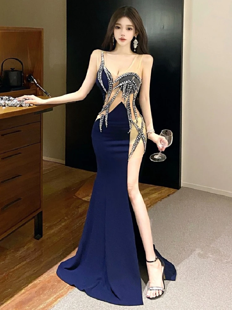 European and American style women exposed legs high fork slimming dress long skirt High end temperament socialite dress