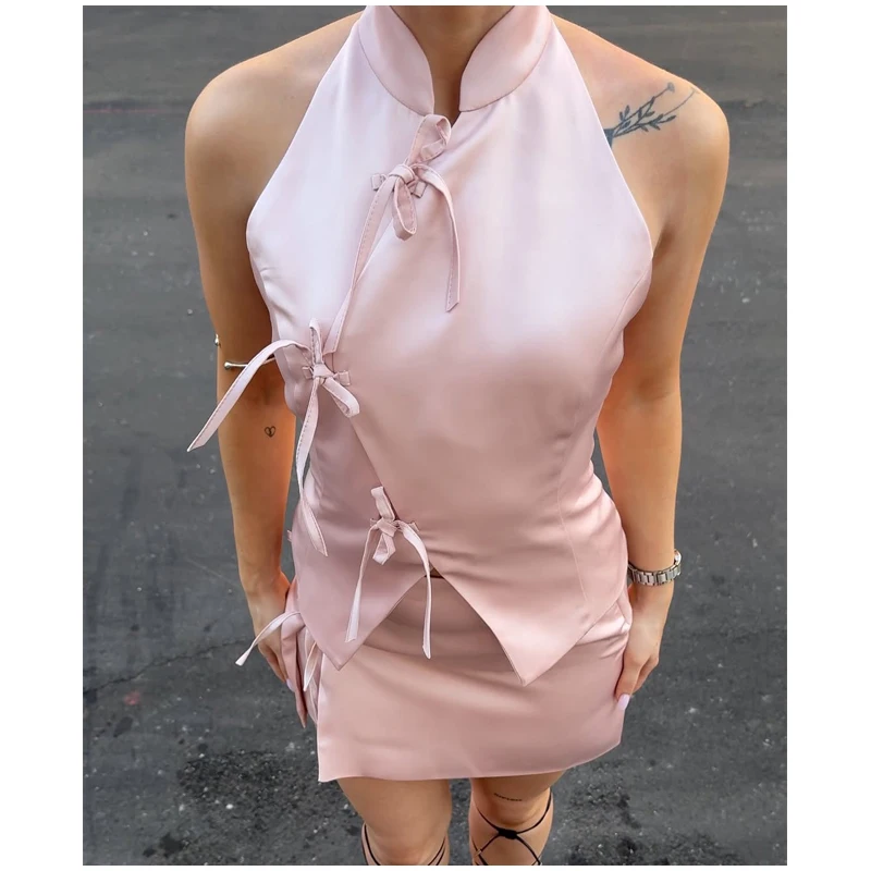 Women Green Bowknot Wide-leg Pant Suits Chic Solid Sleeveless Lace Up Slim Fit Long Pant Sets 2026 Lady Daily Street Outfits New image 5