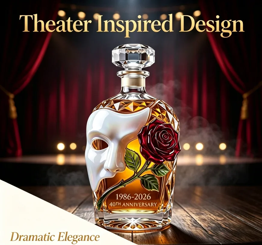 Theater Style Art Glass Liquor Decanter 3D Mask Rose Embellishment, Heavy Base Crystal Carafe for Home Bar Collection Holding