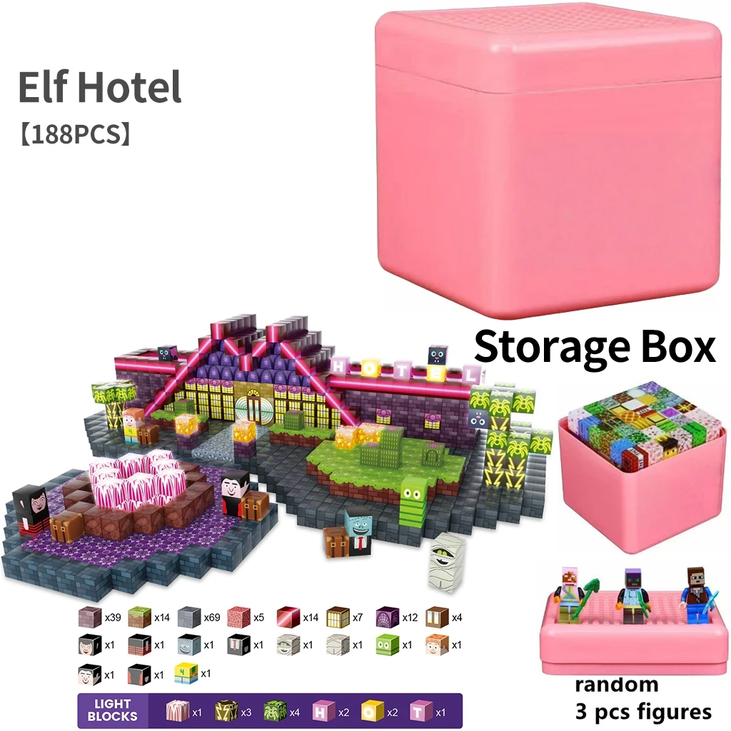 Elf Hotel Modello architettonico Blocchi magnetici con luci Giocattoli fai da te Regalo per bambini