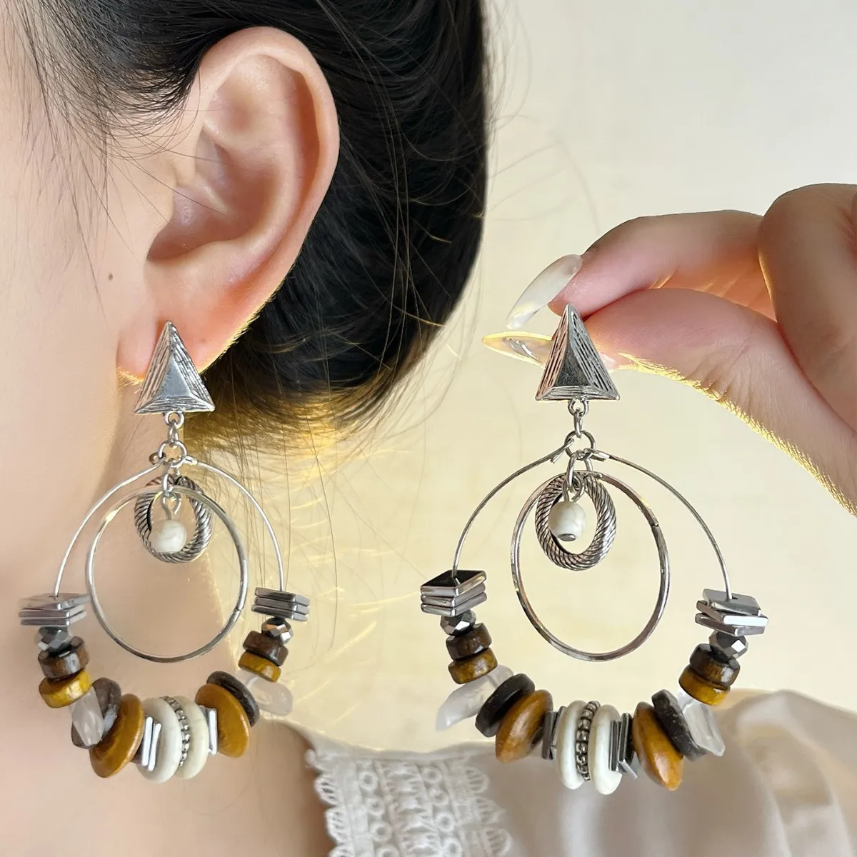 

Bohemian Style Beaded Hoop Earrings, Casual Luxury Stone Studs, Unique Women's Jewelry
