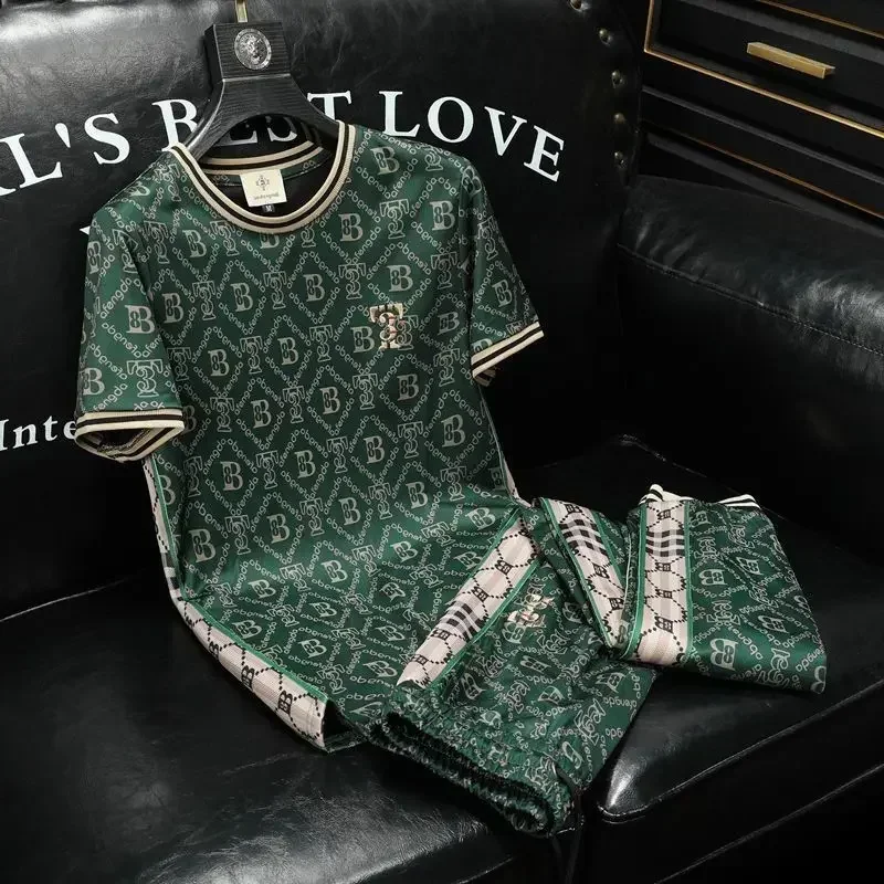 Trendy printed short sleeved sports suit men's summer set men's high-end handsome casual