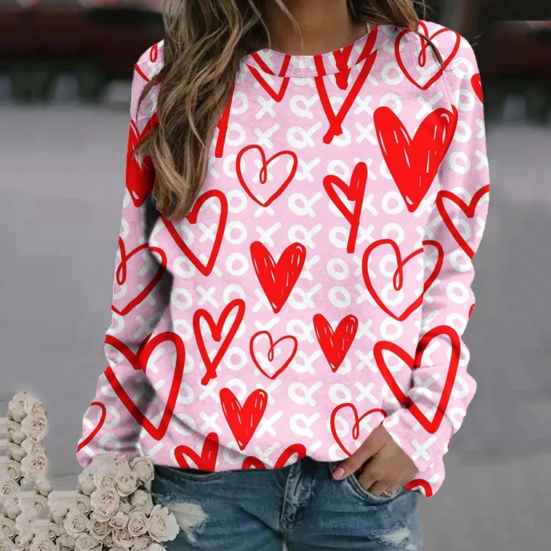 Autumn Love Heart Sweatshirts 3D Print Hoodie Women Fashion O-Neck Hoodies Streetwear Oversized Harajuku Pullover Woman Clothing