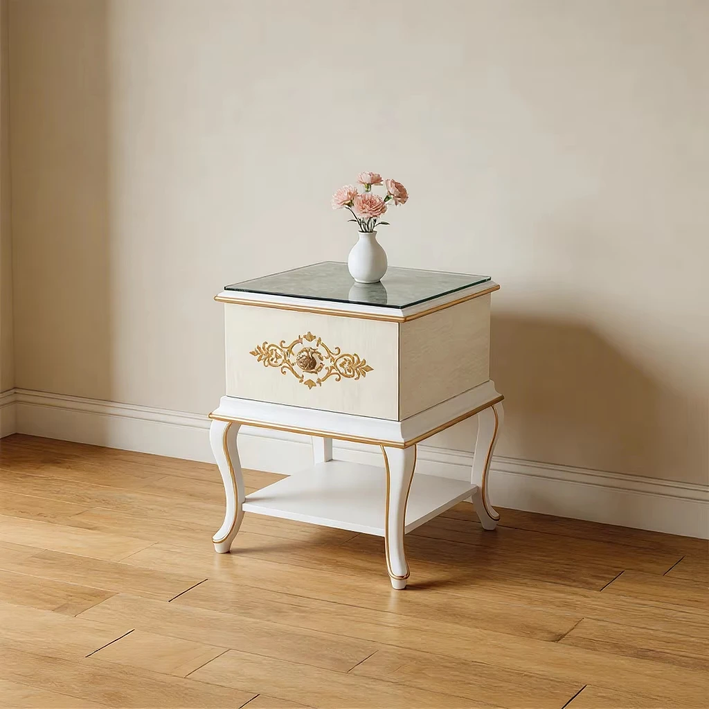 European Classic Luxury Square Side Table Glass Countertop Coffee Table with Open Storage Drawer