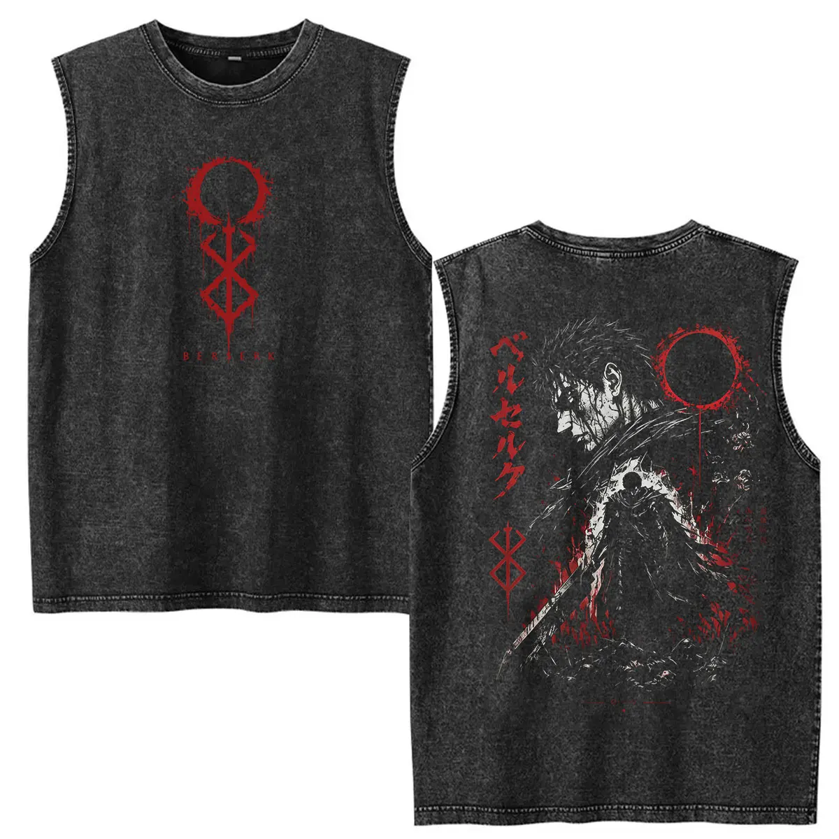 Vintage Washed Vest Anime Berserk Griffith Femto Double Sided Print T Shirt Men's Women Tank Top 100% Cotton Oversized T-shirts
