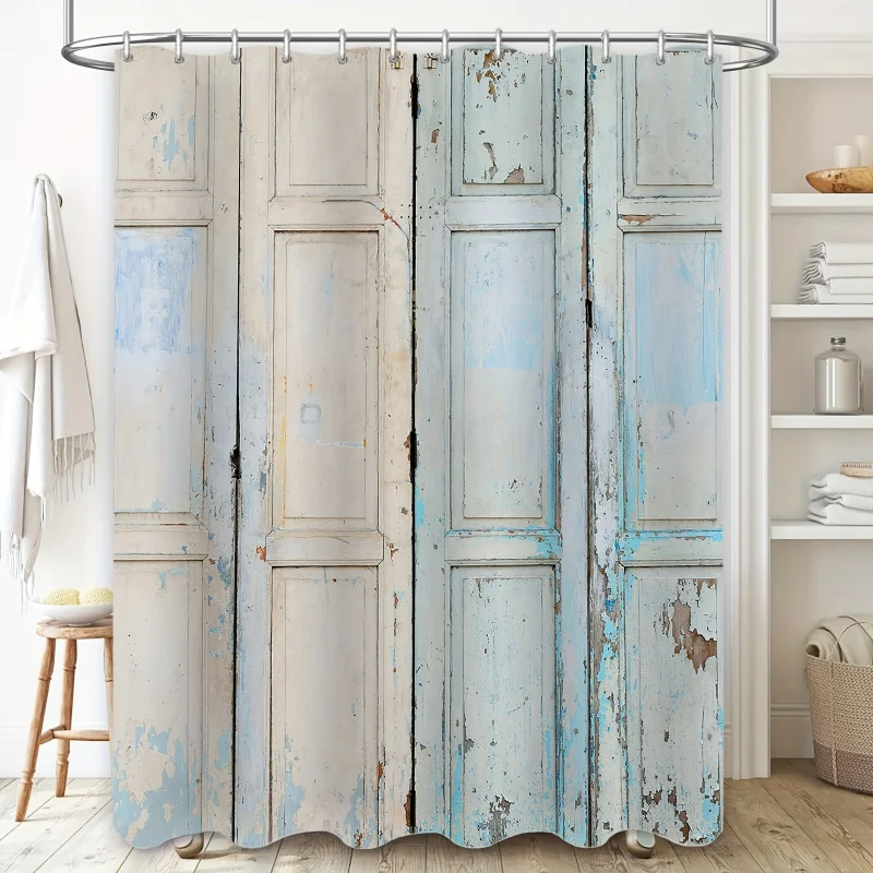 Vintage Wooden Door Design Shower Curtain Set, Water-Resistant Polyester Bath Partition Curtain with 12 Eyelets, Fashionable Mol