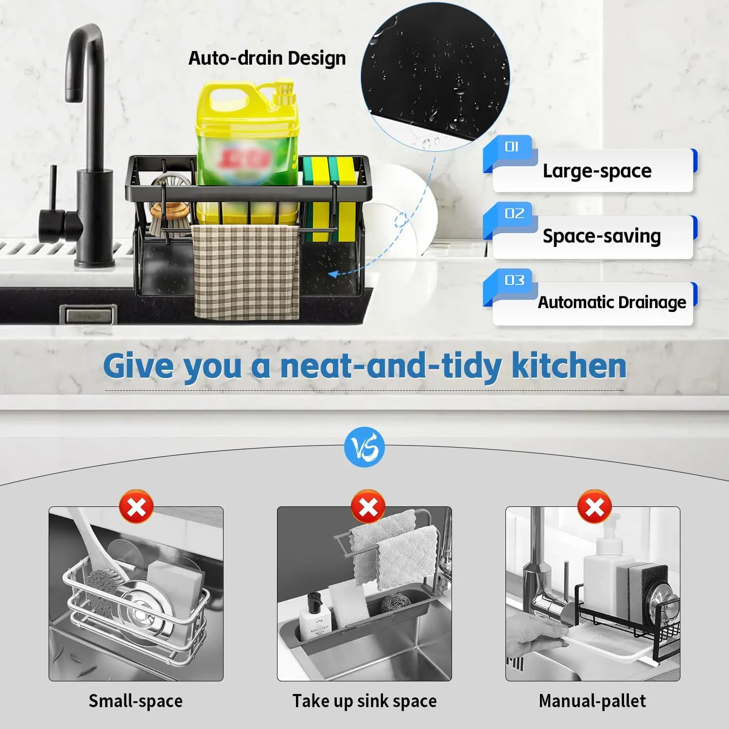 Kitchen Sink Drain Rack Organizer Carbon Steel Sponge Storage Faucet Holder Self-Draining Soap Dishcloth Towel Shelf