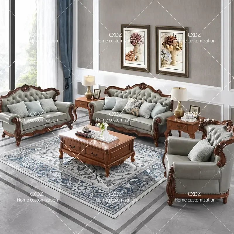 Leather Sofa Solid Wood Frame Neoclassical Light Luxury Living Room Furniture Combination Set for Home Decor