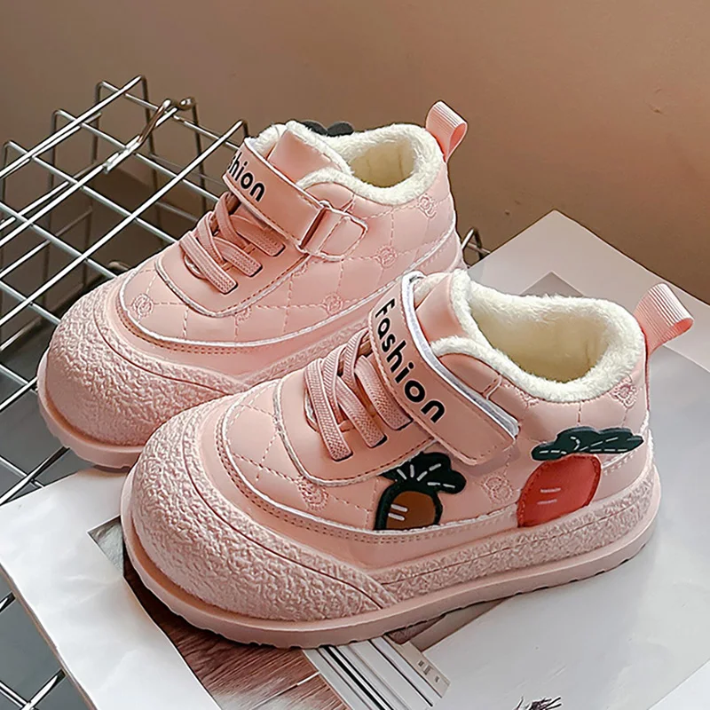 

Winter Cotton Shoes For Children PU Leather Waterproof Girl's Plush Boots Cute Cartoon Winter Kid's Sneakers Fashion Velvet Shoe