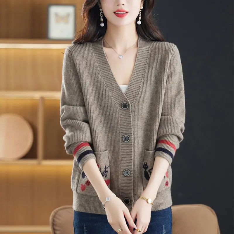 V-neck Pocket Knitting Cardigan Coat Women Autumn Winter Fashion Loose Solid Color Sweater Elegant All-match Trend Knitwear Tops