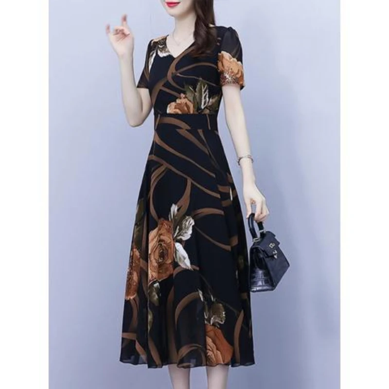 Temperament Printing Loose Ladies Dresses Summer New Short Sleeve Thin All-match Elegant Dress Fashion Casual Women Clothing