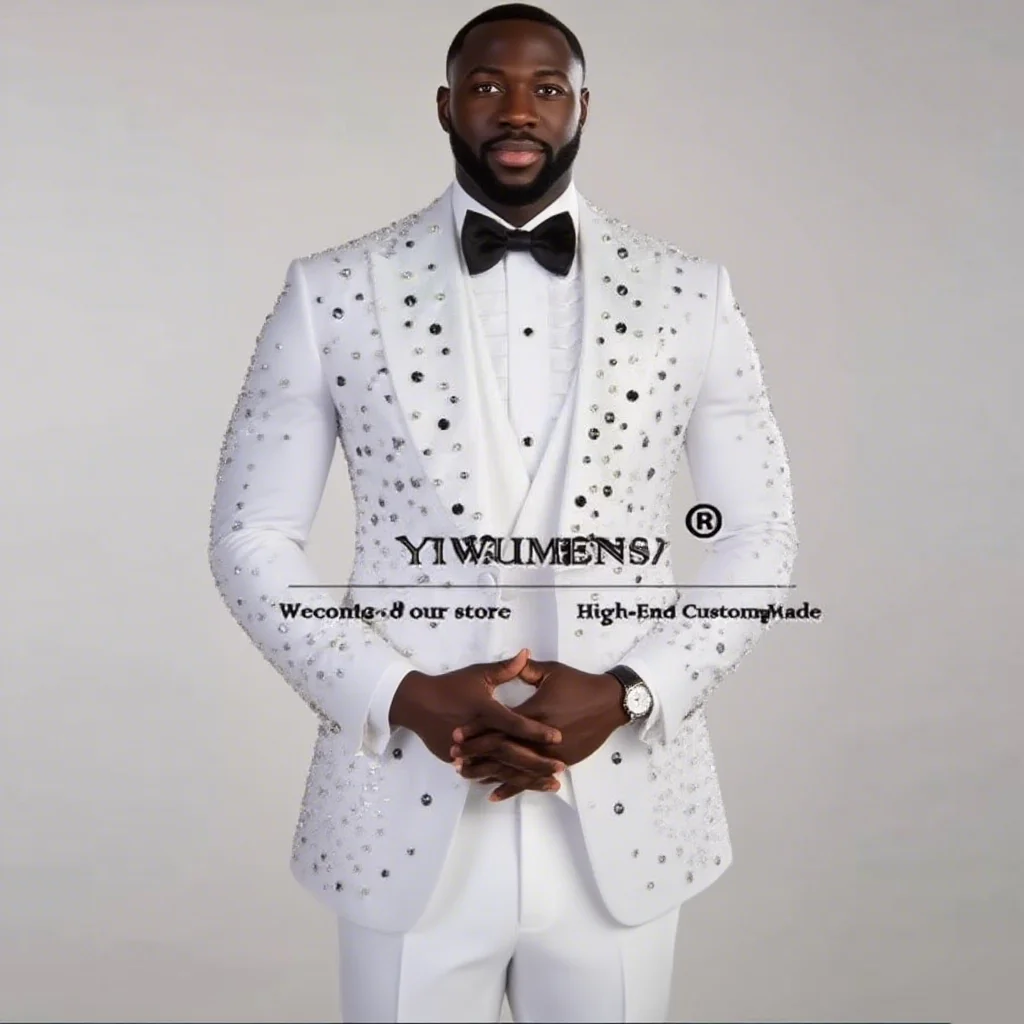 

Блестящие костюмы с камнями из бисера, мужские костюмы на свадьбу, пиджак с остроконечными лацканами, индивидуальный костюм Homme, комплект из 3 предметов, мужской наряд, банкетные смокинги