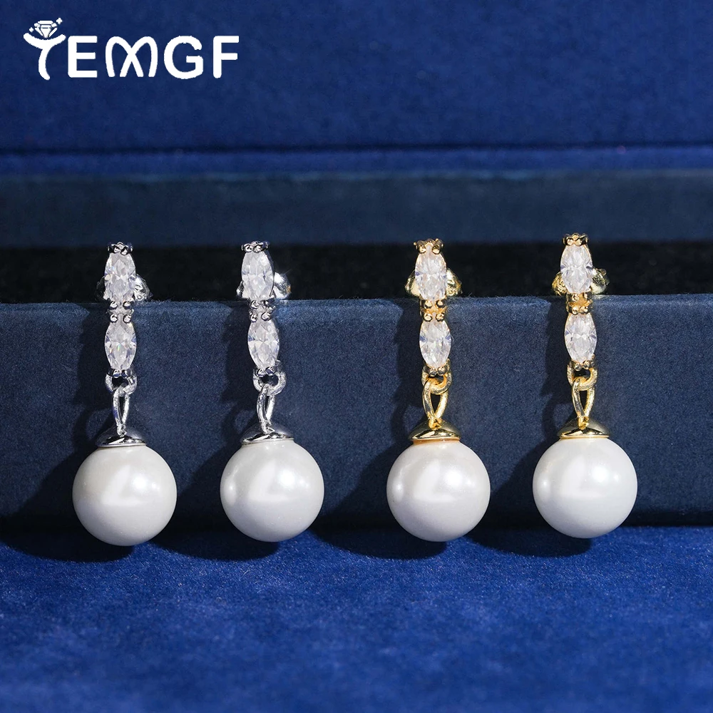 

TEMGF 10mm Freshwater Pearl Drop Earrings for Women Moissanite Ear Stud Bride Wedding 925 Silver Fine Jewelry With Certification