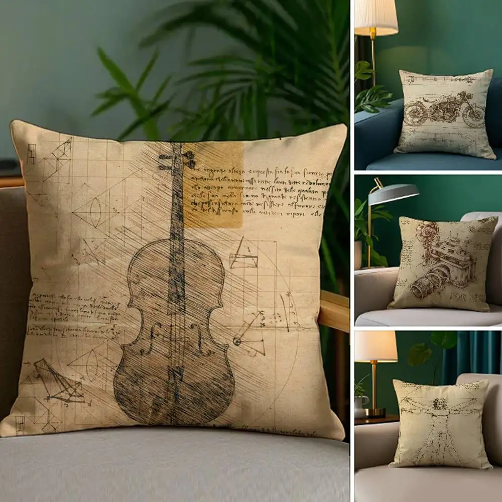 Da Vinci inspirierter Sketches-Kissenbezug aus Plüschstoff, weicher doppelseitiger Druck, Sofa-Kissenbezug, Überwurf-Kissenbezüge