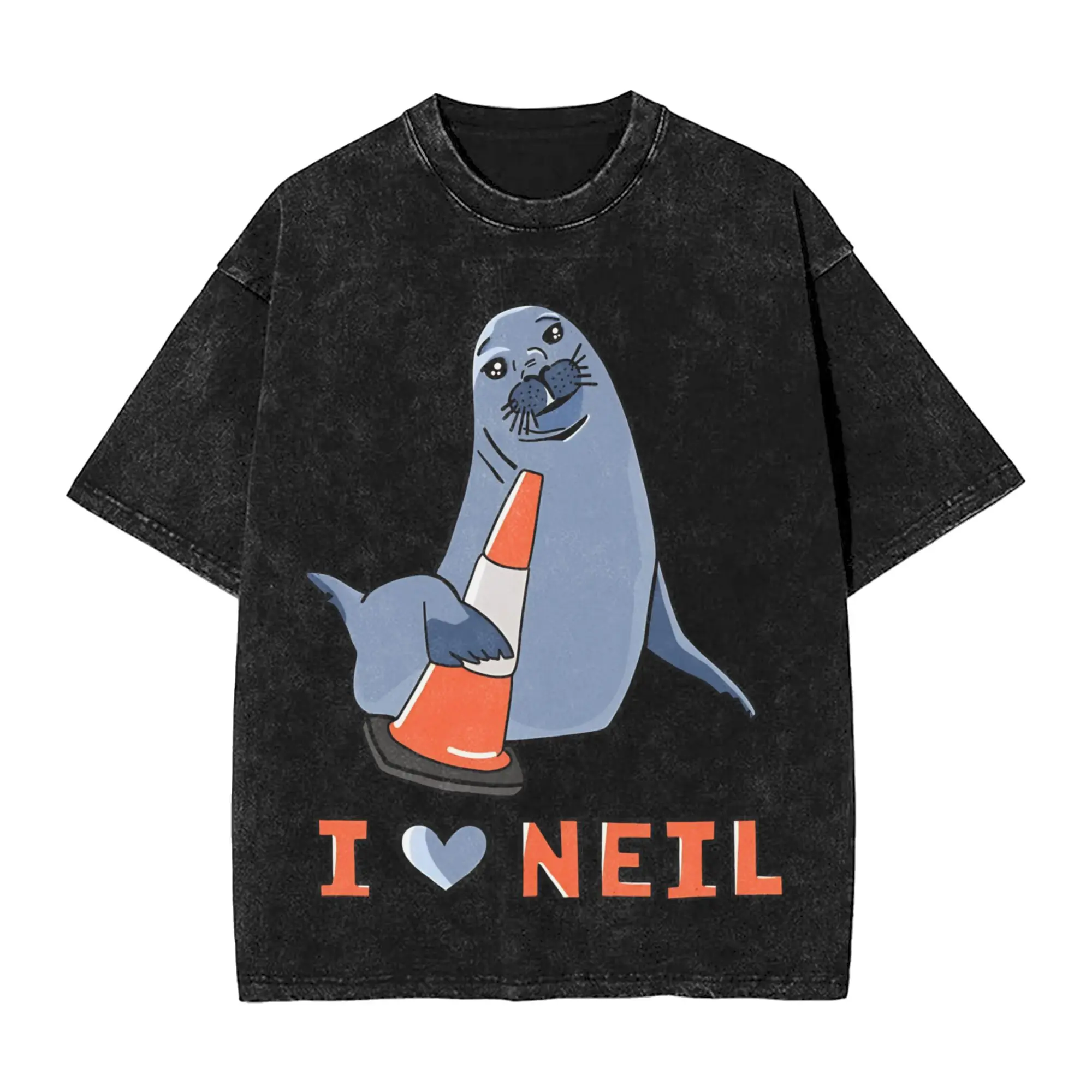 I Love Neil the Seal T Shirt Hip Hop Washed Short Sleeve Oversize T-Shirt  Vintage Men Women Tops Streetwear Summer Tops Tees