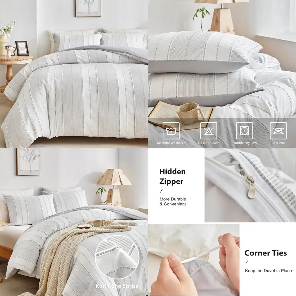 

WARMDERN Light Grey Striped Weave Duvet Cover Queen Size, White Knit Boho Duvet Cover Set, Microfiber Textured Bedding Set with