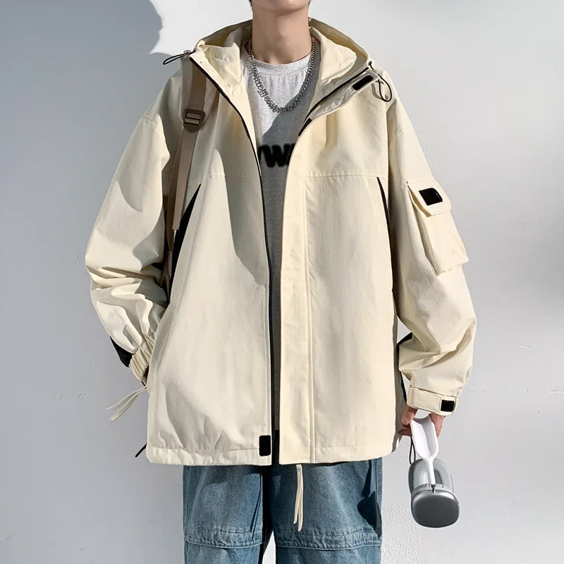 

Korean-style New Men's Jacket Khaki Colo Hooded Coat Casual Outdoor Couple Climbing Windproof Waterproof High Neck windbreaker