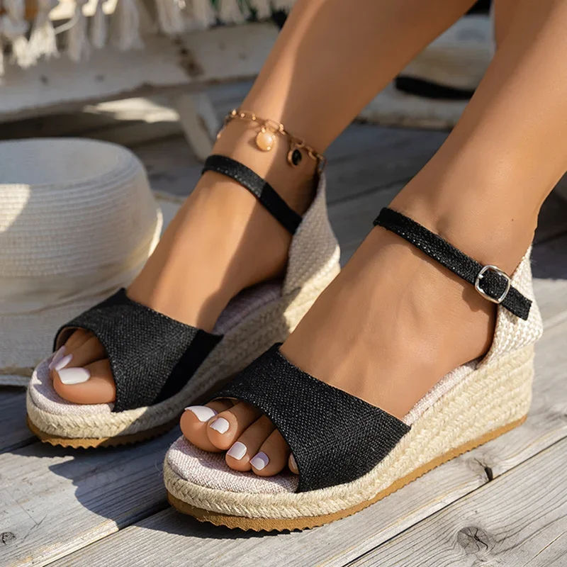 Women Shoes Buckle Strap Wedge Heel Sandal Women Summer Woven Thick Bottom Gladiator Sandalias Mujer Non Slip Platform Sandles